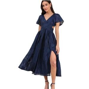 Lulus Hilly Navy Floral Jacquard Lace-Up Midi Dress NEW L
